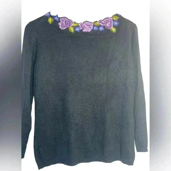 Karen Kane Vintage Silk Cashmere Embroidered Floral Pullover Sweater Large - Picture 4 of 9